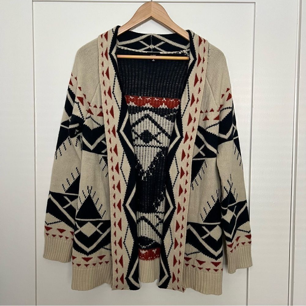Fate Open Cardigan Sweater Womens Medium Beige Boho Aztec Knit Long Sleeve